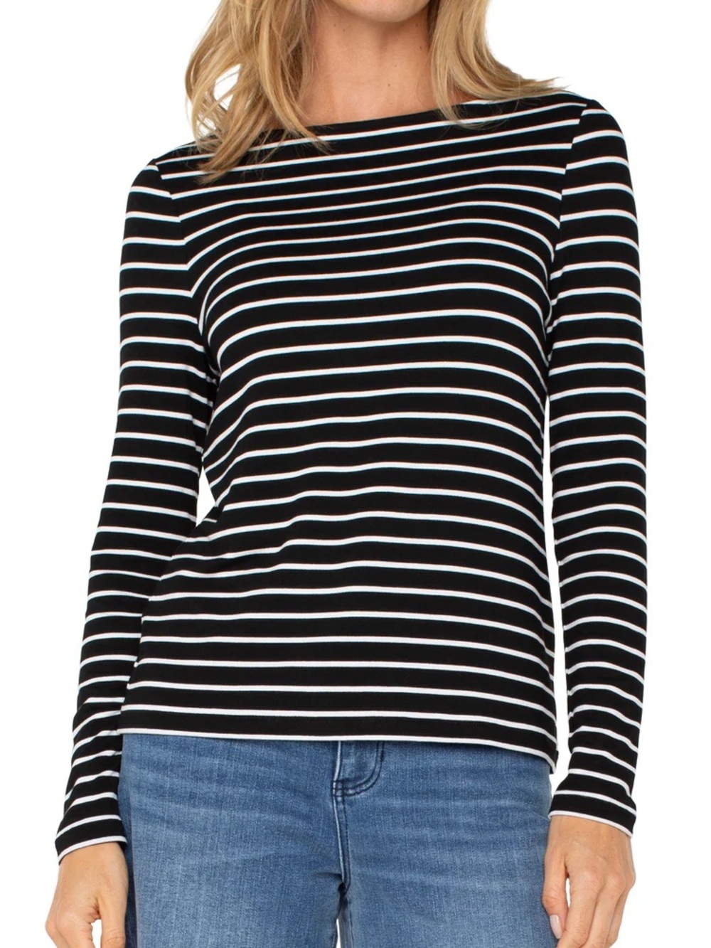 Striped Long-Sleeve Crewneck Top in Black and White